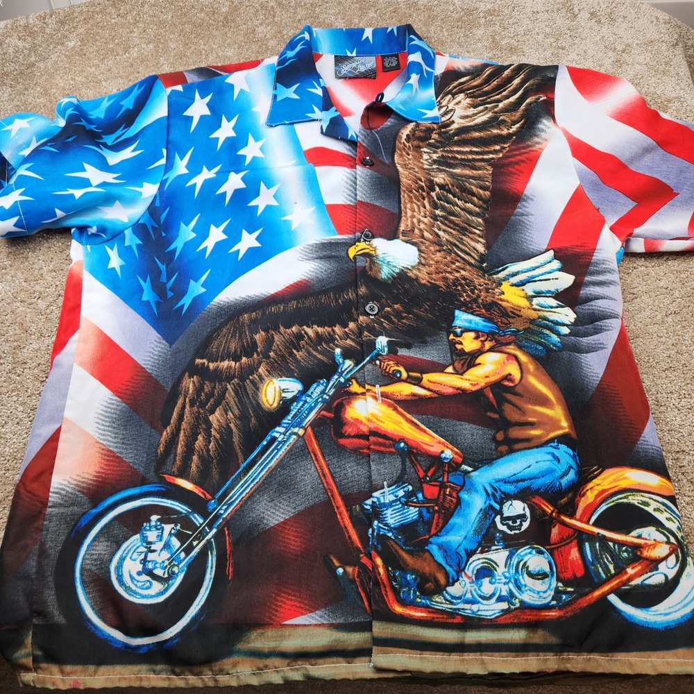 Sapphire Lounge Mens XL American Flag Eagle Biker Button Shirt missing button